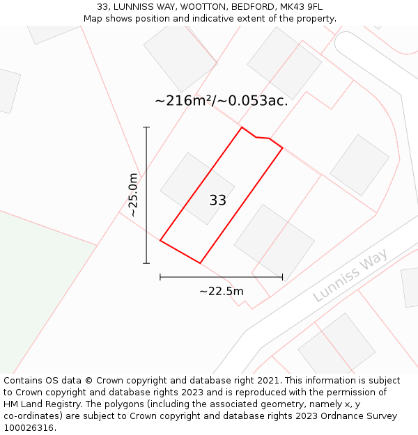 33, LUNNISS WAY, WOOTTON, BEDFORD, MK43 9FL: Plot and title map