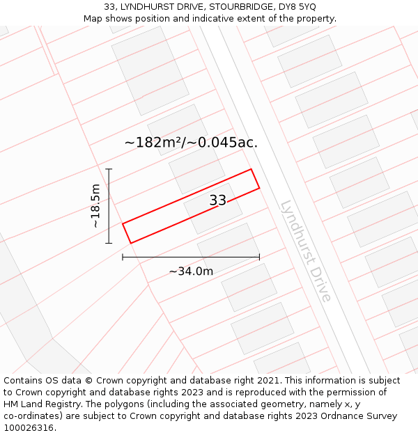 33, LYNDHURST DRIVE, STOURBRIDGE, DY8 5YQ: Plot and title map