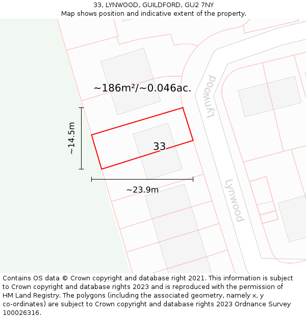 33, LYNWOOD, GUILDFORD, GU2 7NY: Plot and title map