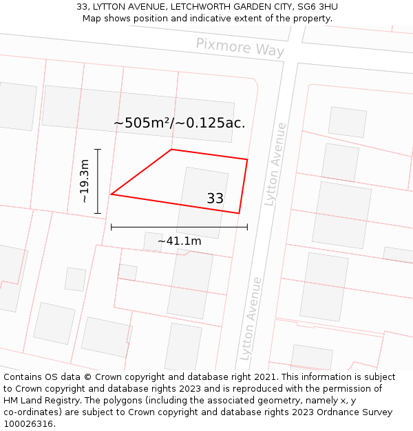 33, LYTTON AVENUE, LETCHWORTH GARDEN CITY, SG6 3HU: Plot and title map