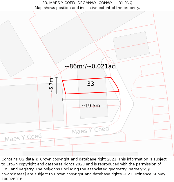 33, MAES Y COED, DEGANWY, CONWY, LL31 9NQ: Plot and title map