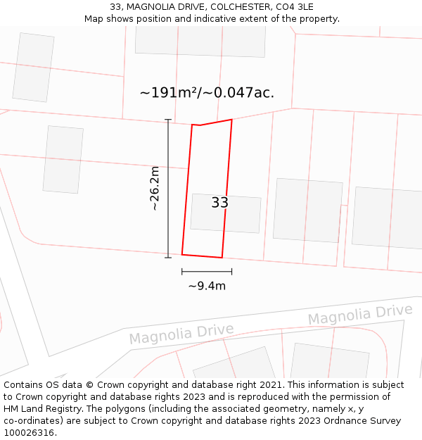 33, MAGNOLIA DRIVE, COLCHESTER, CO4 3LE: Plot and title map