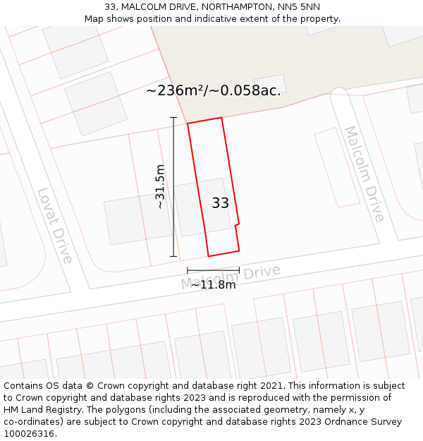 33, MALCOLM DRIVE, NORTHAMPTON, NN5 5NN: Plot and title map