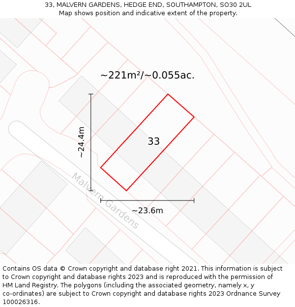 33, MALVERN GARDENS, HEDGE END, SOUTHAMPTON, SO30 2UL: Plot and title map