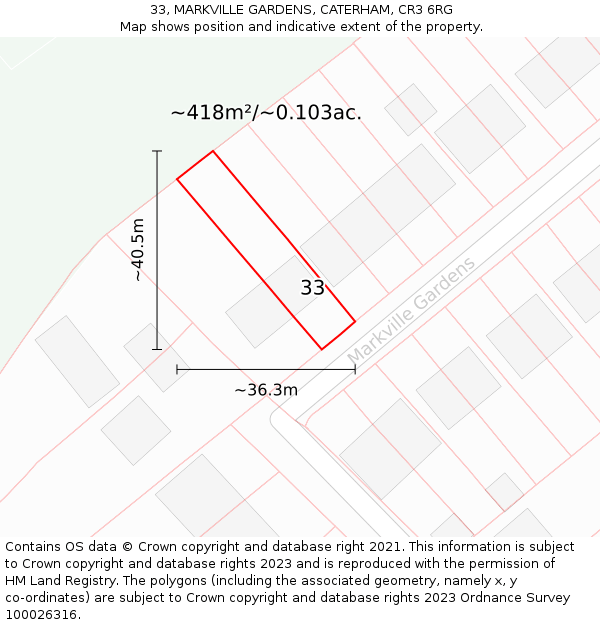33, MARKVILLE GARDENS, CATERHAM, CR3 6RG: Plot and title map