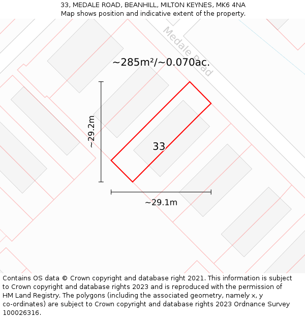 33, MEDALE ROAD, BEANHILL, MILTON KEYNES, MK6 4NA: Plot and title map