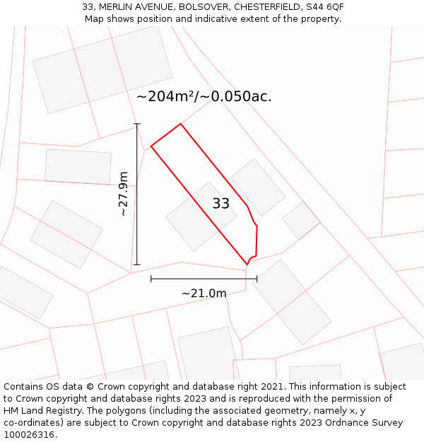 33, MERLIN AVENUE, BOLSOVER, CHESTERFIELD, S44 6QF: Plot and title map