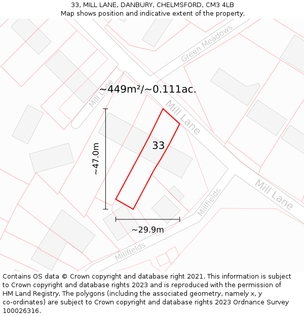 33, MILL LANE, DANBURY, CHELMSFORD, CM3 4LB: Plot and title map