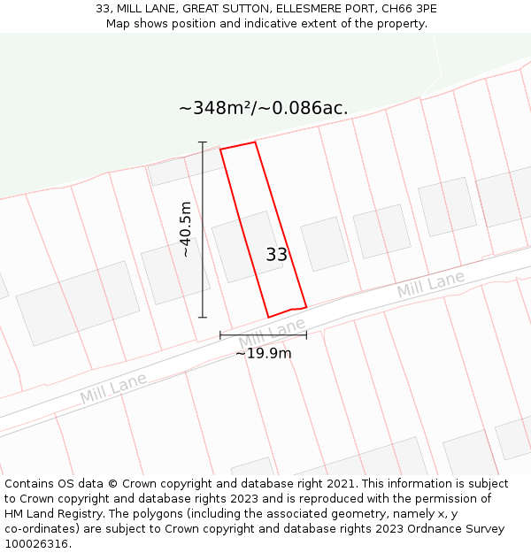 33, MILL LANE, GREAT SUTTON, ELLESMERE PORT, CH66 3PE: Plot and title map