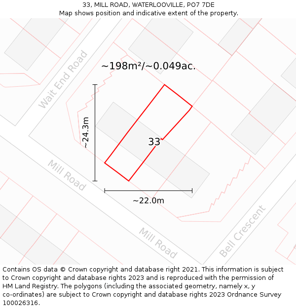 33, MILL ROAD, WATERLOOVILLE, PO7 7DE: Plot and title map