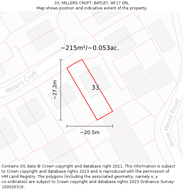 33, MILLERS CROFT, BATLEY, WF17 0RL: Plot and title map