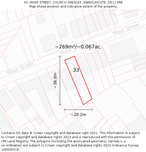 33, MOAT STREET, CHURCH GRESLEY, SWADLINCOTE, DE11 9RE: Plot and title map