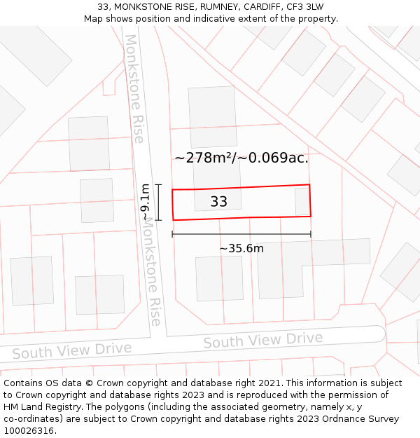 33, MONKSTONE RISE, RUMNEY, CARDIFF, CF3 3LW: Plot and title map