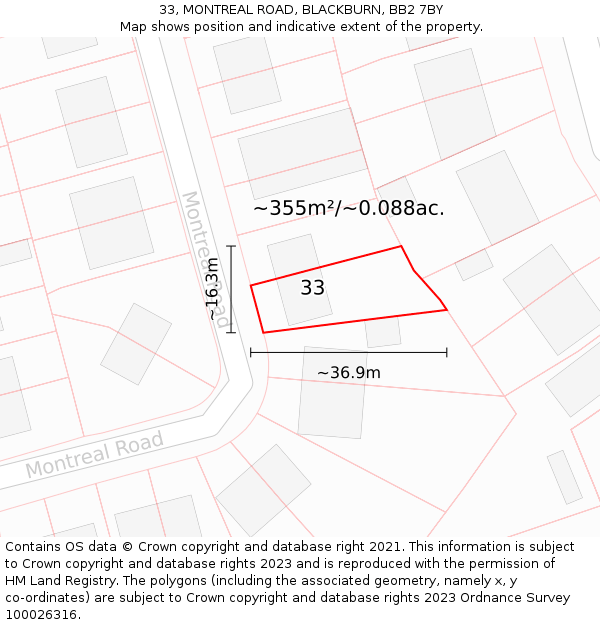 33, MONTREAL ROAD, BLACKBURN, BB2 7BY: Plot and title map