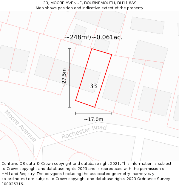 33, MOORE AVENUE, BOURNEMOUTH, BH11 8AS: Plot and title map