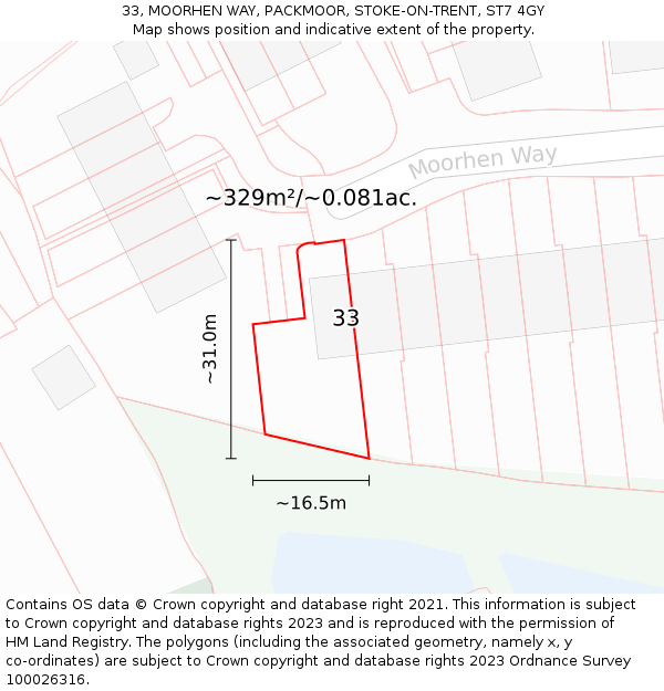 33, MOORHEN WAY, PACKMOOR, STOKE-ON-TRENT, ST7 4GY: Plot and title map