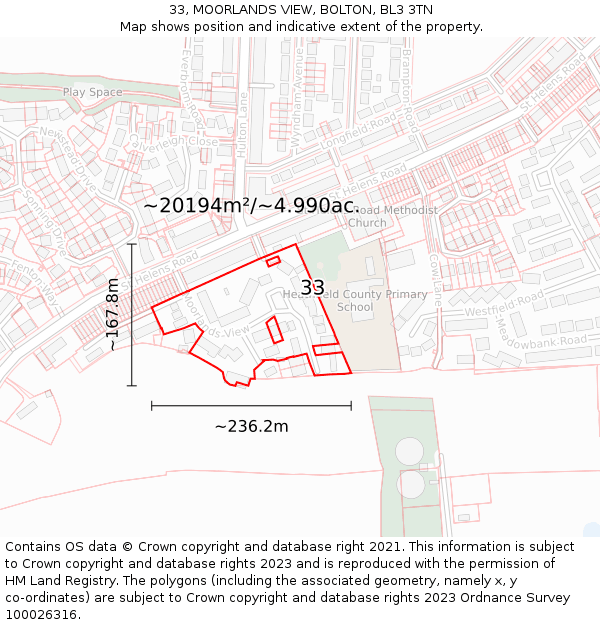 33, MOORLANDS VIEW, BOLTON, BL3 3TN: Plot and title map