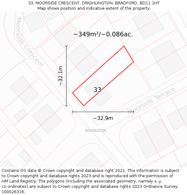 33, MOORSIDE CRESCENT, DRIGHLINGTON, BRADFORD, BD11 1HT: Plot and title map