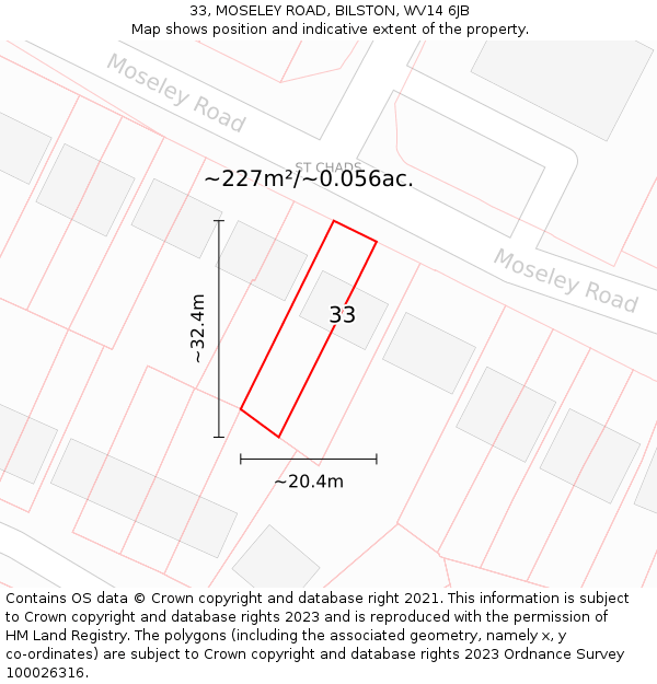 33, MOSELEY ROAD, BILSTON, WV14 6JB: Plot and title map