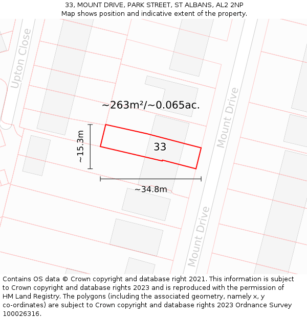 33, MOUNT DRIVE, PARK STREET, ST ALBANS, AL2 2NP: Plot and title map