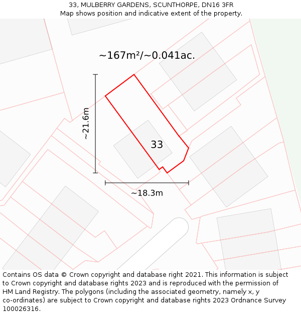 33, MULBERRY GARDENS, SCUNTHORPE, DN16 3FR: Plot and title map