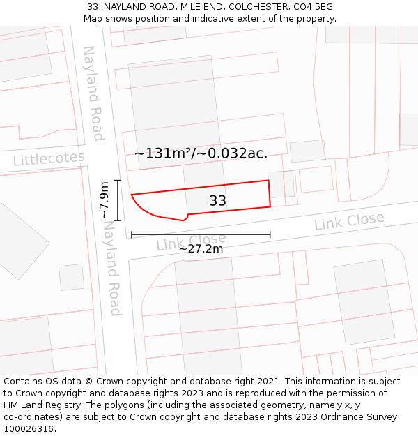 33, NAYLAND ROAD, MILE END, COLCHESTER, CO4 5EG: Plot and title map