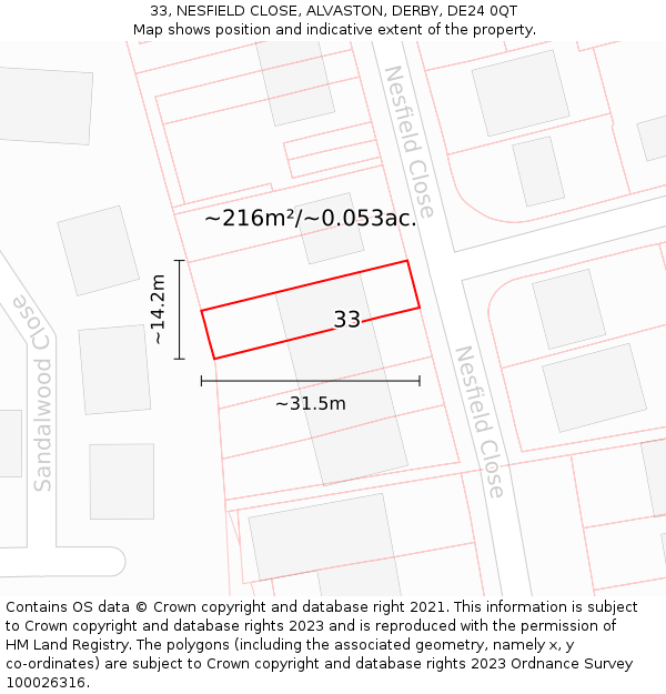 33, NESFIELD CLOSE, ALVASTON, DERBY, DE24 0QT: Plot and title map