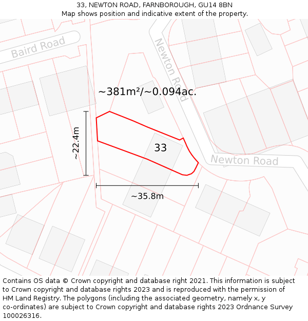 33, NEWTON ROAD, FARNBOROUGH, GU14 8BN: Plot and title map