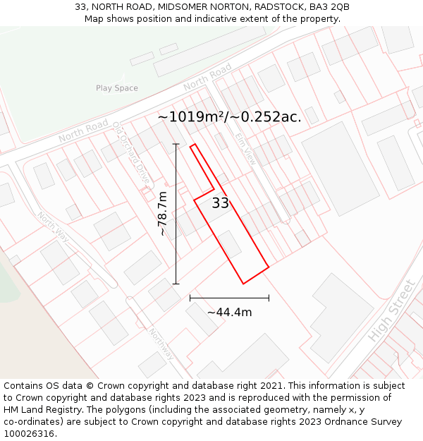 33, NORTH ROAD, MIDSOMER NORTON, RADSTOCK, BA3 2QB: Plot and title map