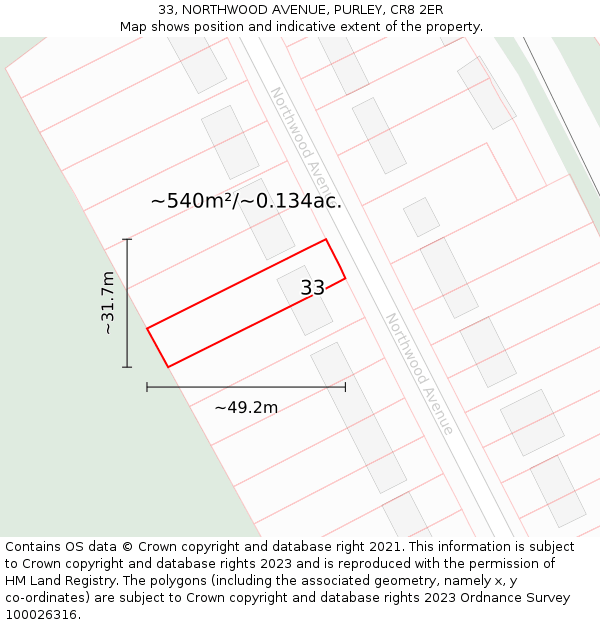 33, NORTHWOOD AVENUE, PURLEY, CR8 2ER: Plot and title map