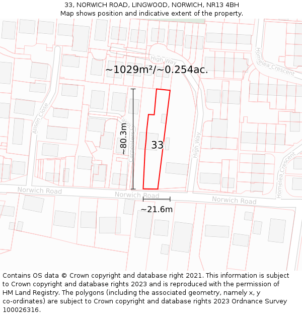 33, NORWICH ROAD, LINGWOOD, NORWICH, NR13 4BH: Plot and title map