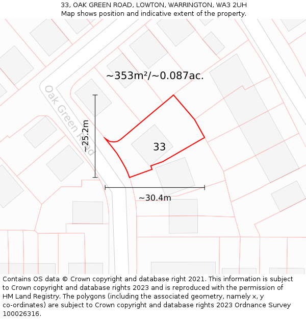 33, OAK GREEN ROAD, LOWTON, WARRINGTON, WA3 2UH: Plot and title map