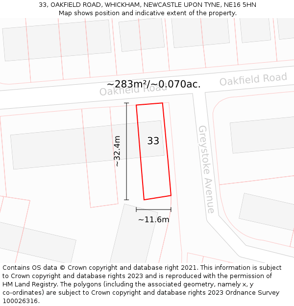 33, OAKFIELD ROAD, WHICKHAM, NEWCASTLE UPON TYNE, NE16 5HN: Plot and title map