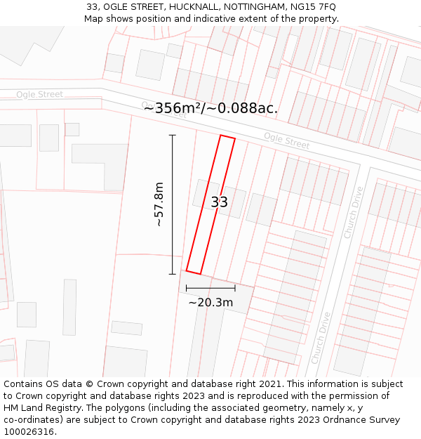 33, OGLE STREET, HUCKNALL, NOTTINGHAM, NG15 7FQ: Plot and title map