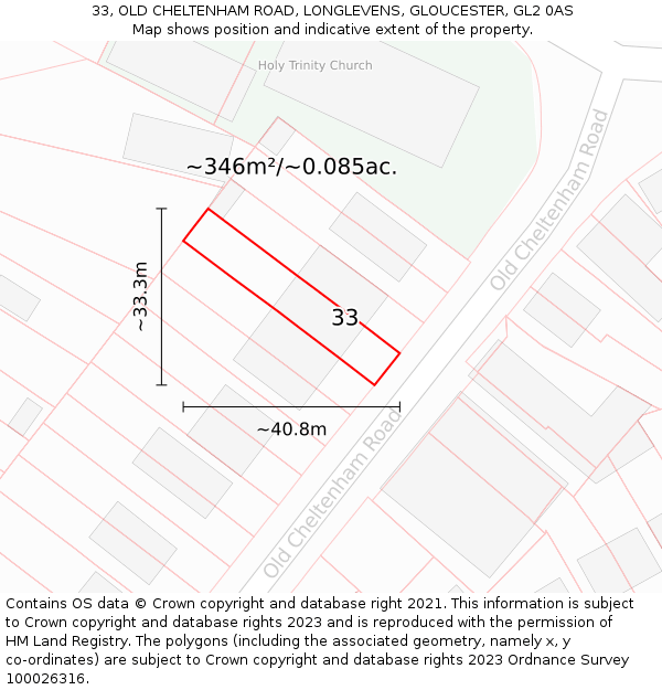 33, OLD CHELTENHAM ROAD, LONGLEVENS, GLOUCESTER, GL2 0AS: Plot and title map