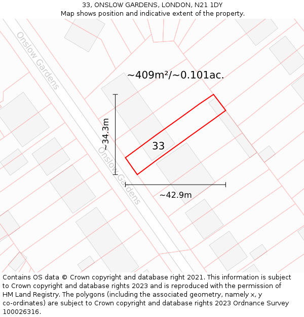 33, ONSLOW GARDENS, LONDON, N21 1DY: Plot and title map