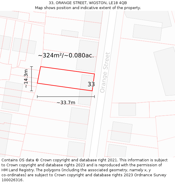 33, ORANGE STREET, WIGSTON, LE18 4QB: Plot and title map