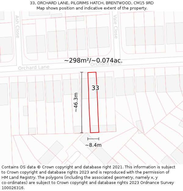33, ORCHARD LANE, PILGRIMS HATCH, BRENTWOOD, CM15 9RD: Plot and title map