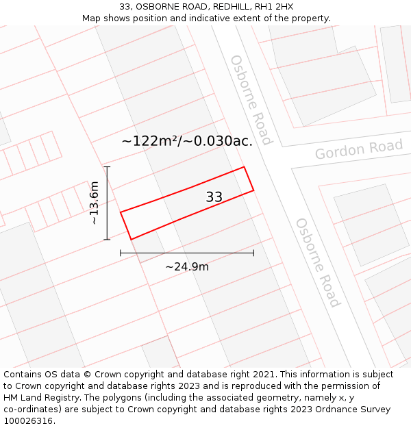 33, OSBORNE ROAD, REDHILL, RH1 2HX: Plot and title map
