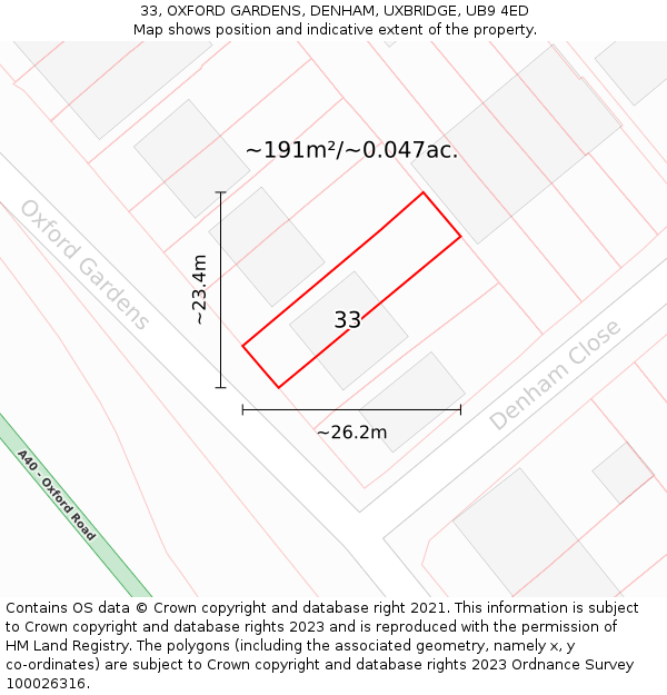 33, OXFORD GARDENS, DENHAM, UXBRIDGE, UB9 4ED: Plot and title map