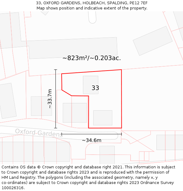 33, OXFORD GARDENS, HOLBEACH, SPALDING, PE12 7EF: Plot and title map