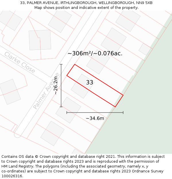 33, PALMER AVENUE, IRTHLINGBOROUGH, WELLINGBOROUGH, NN9 5XB: Plot and title map