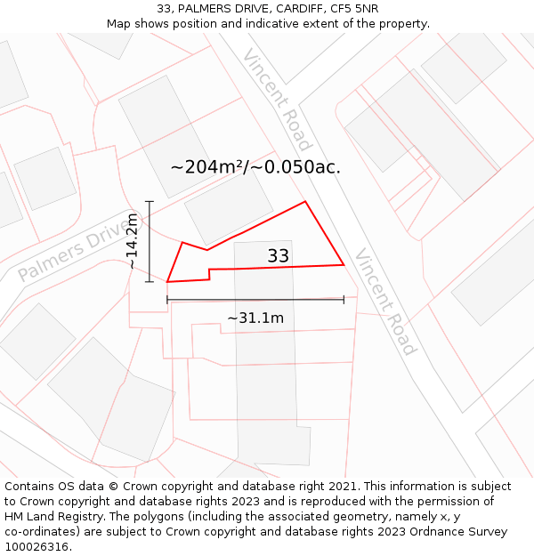 33, PALMERS DRIVE, CARDIFF, CF5 5NR: Plot and title map