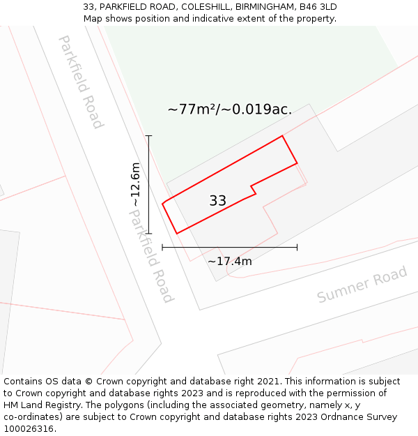 33, PARKFIELD ROAD, COLESHILL, BIRMINGHAM, B46 3LD: Plot and title map