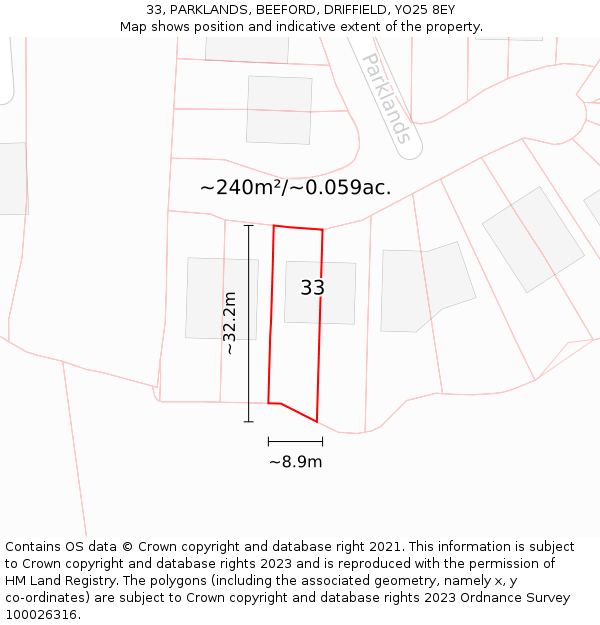 33, PARKLANDS, BEEFORD, DRIFFIELD, YO25 8EY: Plot and title map