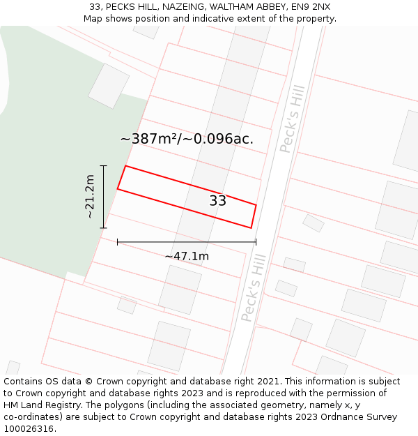 33, PECKS HILL, NAZEING, WALTHAM ABBEY, EN9 2NX: Plot and title map