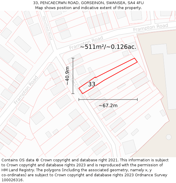 33, PENCAECRWN ROAD, GORSEINON, SWANSEA, SA4 4FU: Plot and title map