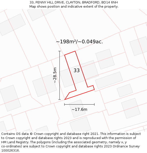 33, PENNY HILL DRIVE, CLAYTON, BRADFORD, BD14 6NH: Plot and title map