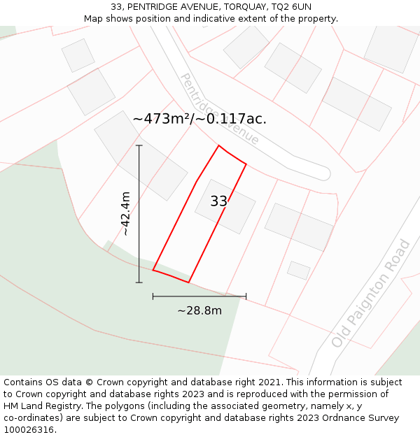 33, PENTRIDGE AVENUE, TORQUAY, TQ2 6UN: Plot and title map