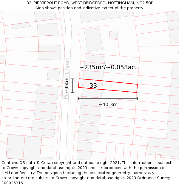 33, PIERREPONT ROAD, WEST BRIDGFORD, NOTTINGHAM, NG2 5BP: Plot and title map